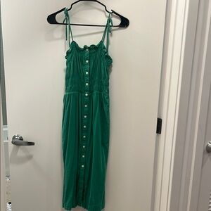 Green linen blend midi dress with tie straps
